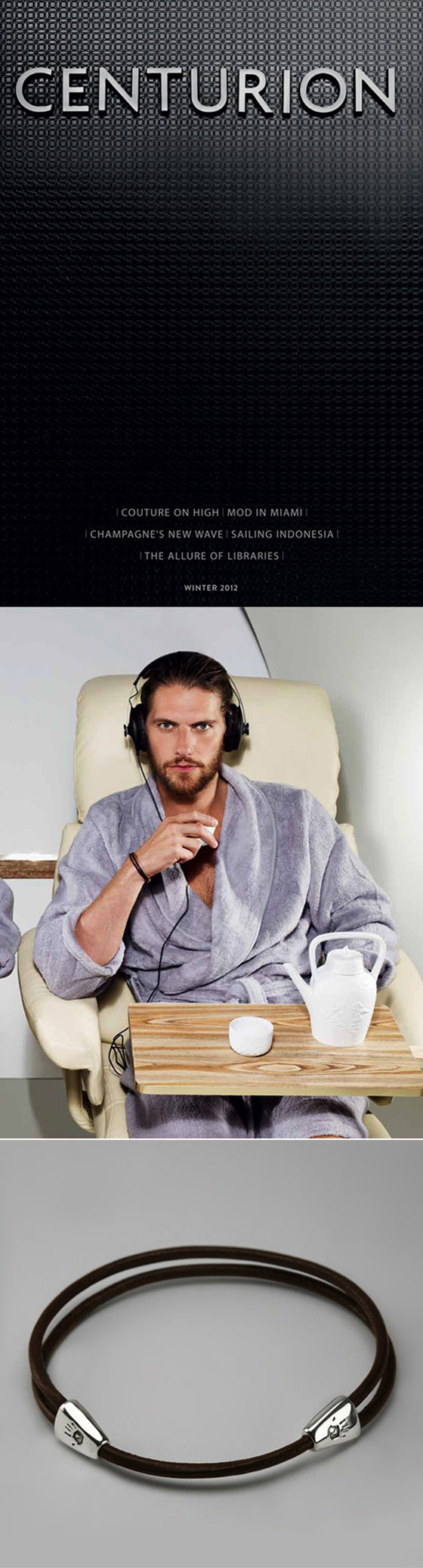 Centurion magazine cover, a man in a robe and headphones wearing a leather bracelet, and a brown leather bracelet