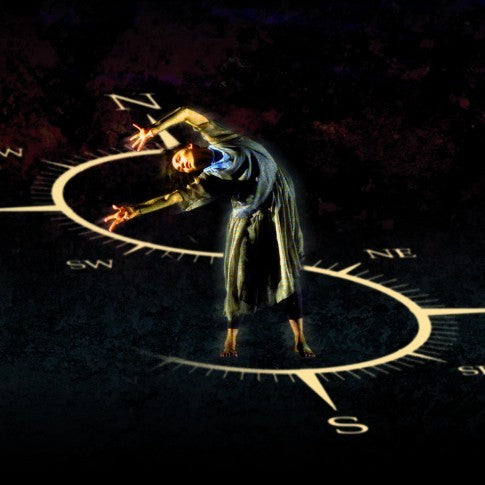 Poster for the dance show Compass: a dancer arching backwards inside a glowing compass rose