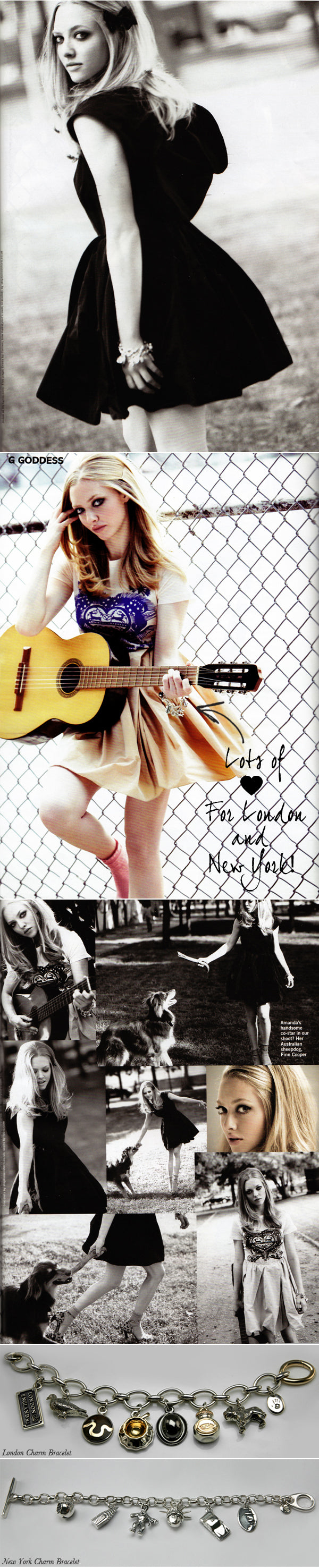 Amanda Seyfried magazine shoot wearing a charm bracelet, with the London and New York charm bracelets shown below