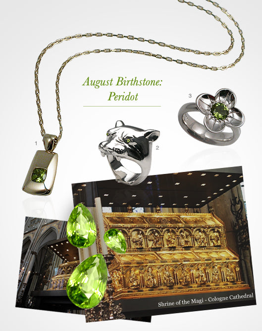 Peridot jewellery: a gold pendant, a silver animal-head ring and a silver flower ring, over loose peridot stones