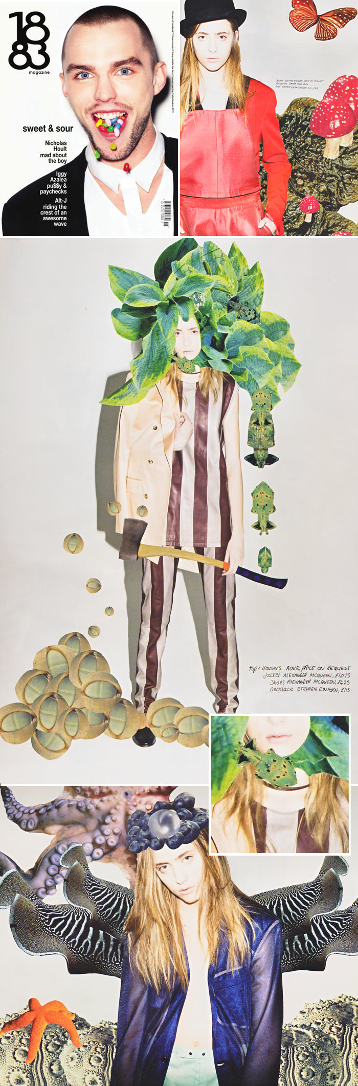 1883 Magazine 'Twitterpated' collage shoot, a model in a striped suit wearing a green lizard necklace
