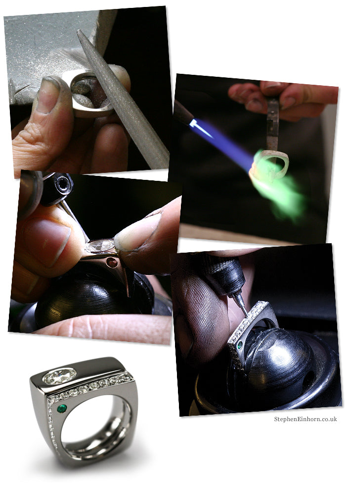Platinum ring with diamonds and an emerald, shown being filed, soldered and stone-set at the workshop bench