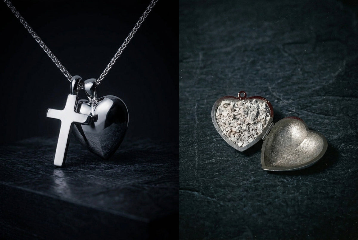 A cross and heart silver necklace next to an open silver heart with ashes inside in an atmospheric dark background