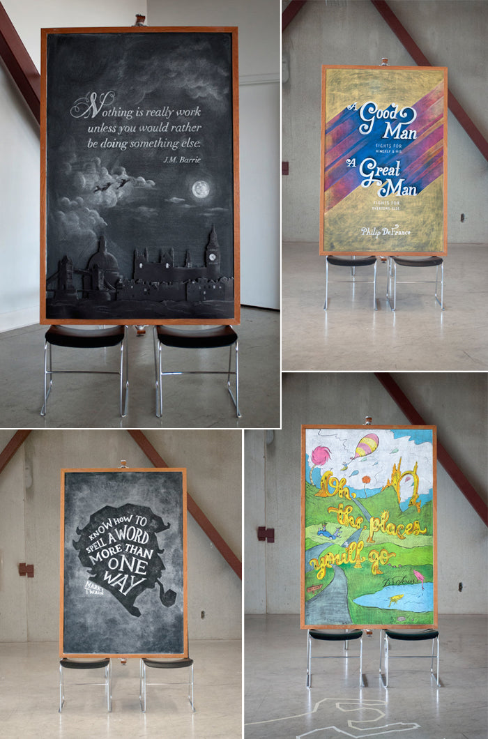 Four chalkboard artworks on easels, hand-lettered with quotes from J.M. Barrie, Mark Twain and Dr Seuss