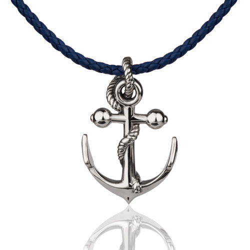Silver anchor pendant with twisted rope detail on a navy blue braided leather cord