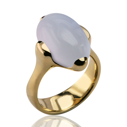 Yellow gold Bardot ring set with a large oval blue chalcedony cabochon held by four claws
