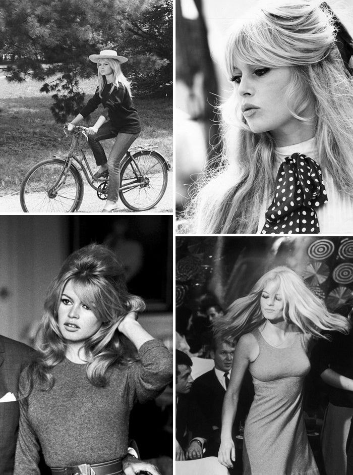Four black and white photographs of Brigitte Bardot, on a bicycle, in a polka dot bow and dancing