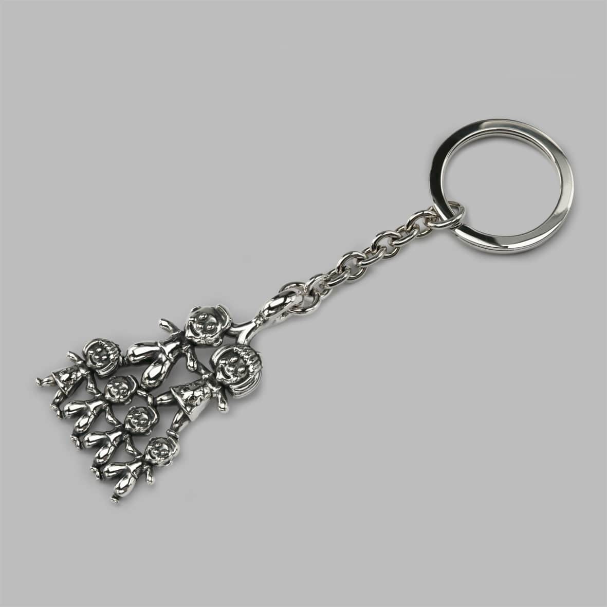Silver family keyring engraved with names, made in our London workshop
