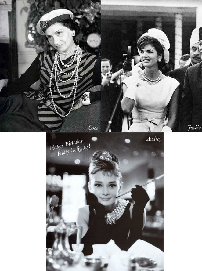 Three black and white portraits of style icons wearing pearl necklaces, from layered strands to a pearl collar