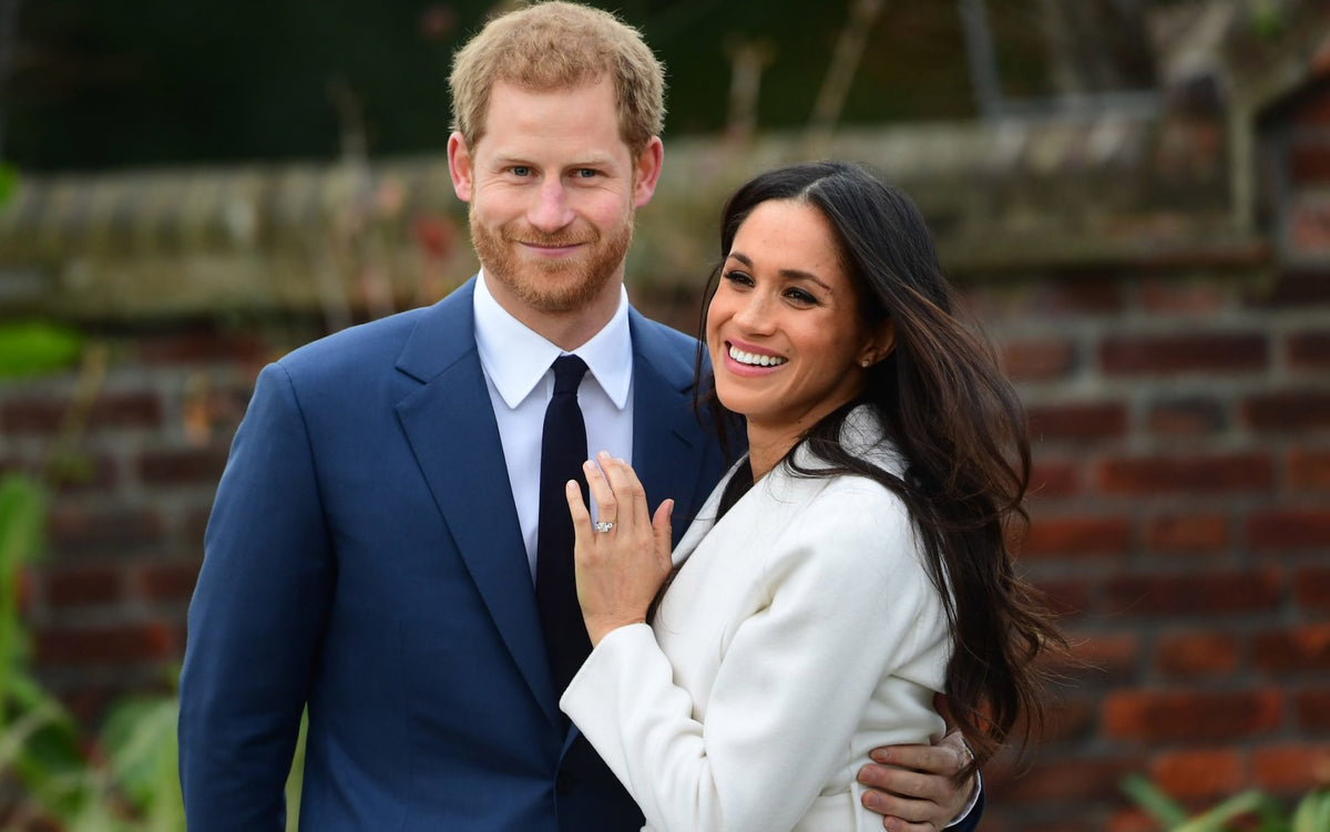 Prince Harry and Meghan Markle at their engagement announcement, her engagement ring on show