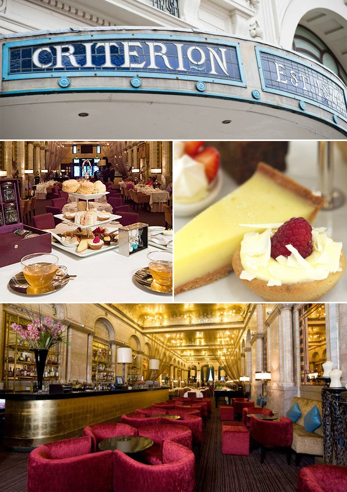 Collage of the Criterion restaurant in Piccadilly: its mosaic sign, afternoon tea, tarts and red velvet bar