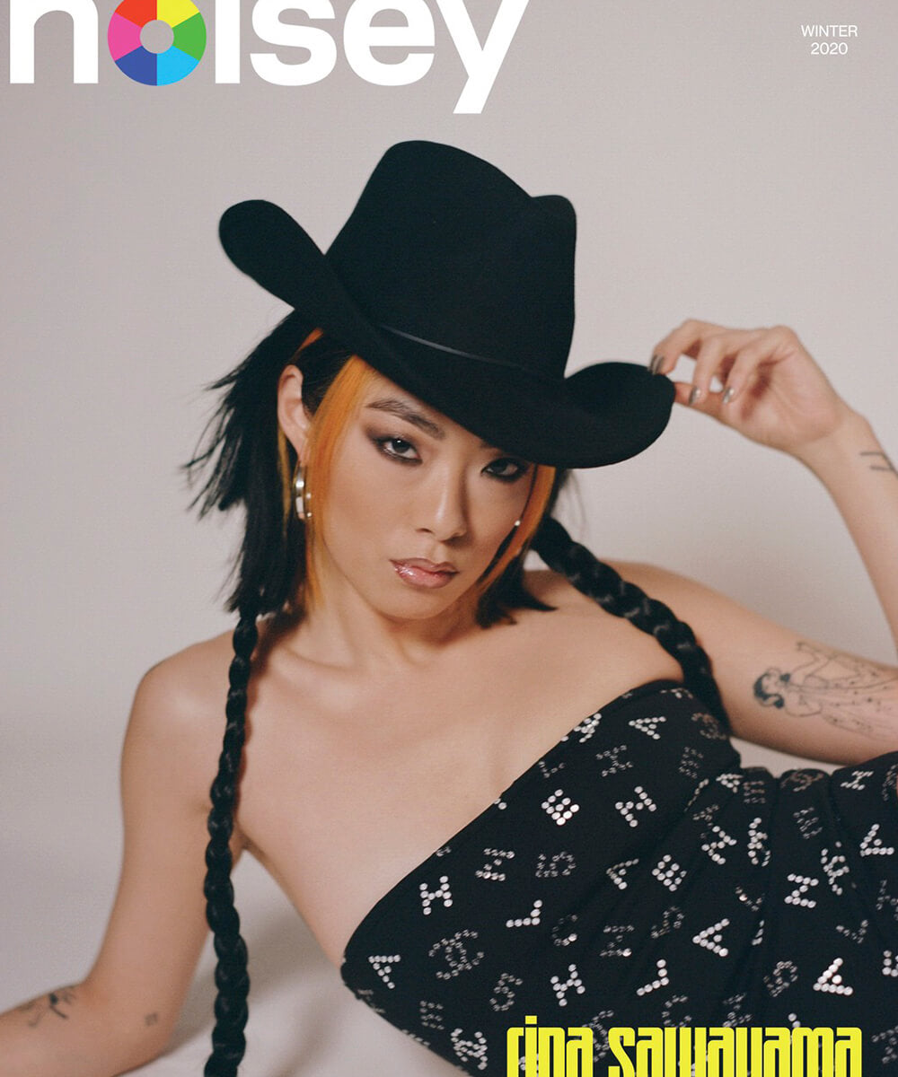 Rina Sawayama for Noisey, 2020 Times Square Hoop Earrings by Stephen Einhorn. Photography by Chloe Sheppard, styling by Kate Iorga.