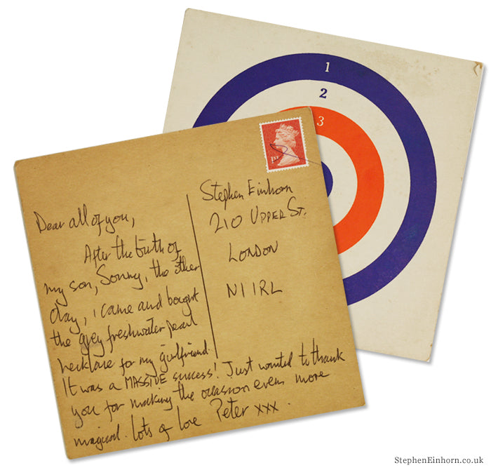 Handwritten thank-you postcard to Stephen Einhorn at 210 Upper Street from Peter about a grey pearl necklace