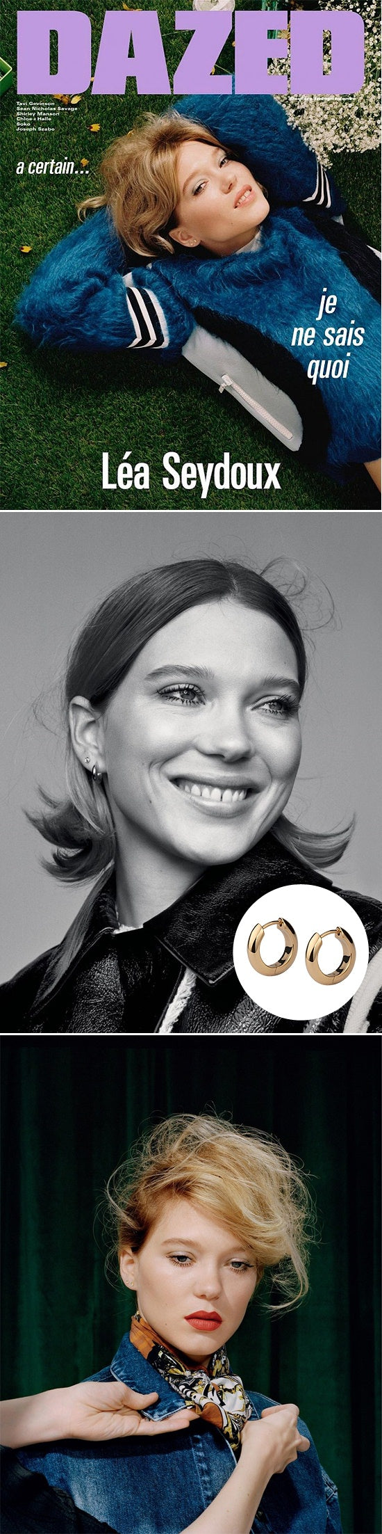 Léa Seydoux on the cover of Dazed and in portraits, wearing our Soho round hoop earrings in gold