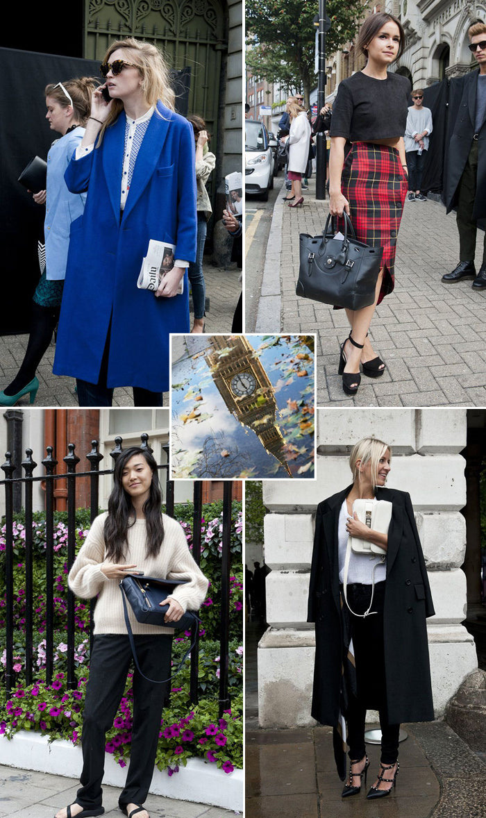 London Fashion Week street style: women in a blue coat, tartan skirt and black coats, with Big Ben in a puddle
