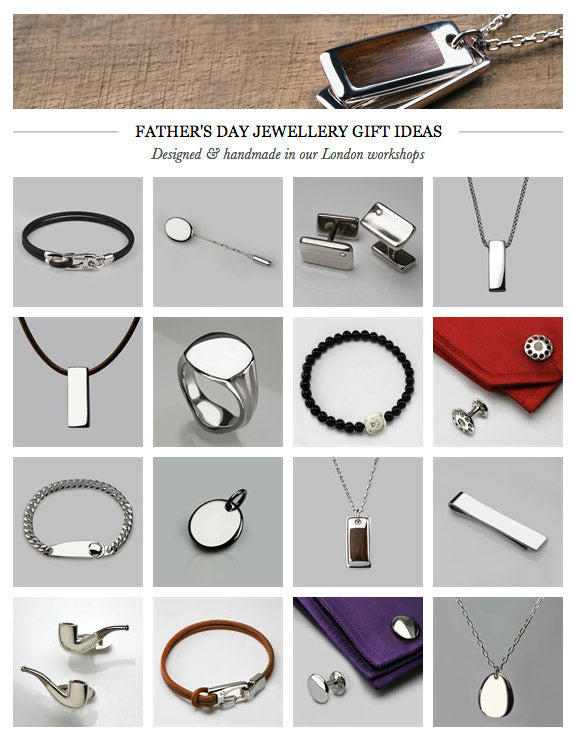 Grid of Father's Day gifts: silver cufflinks, leather bracelets, a signet ring, ID bracelet, tie bar and pendants