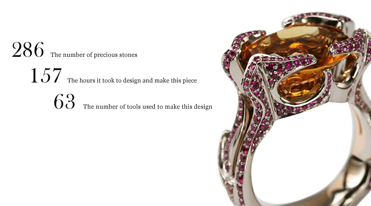 White gold Flame ring with a large orange centre stone wrapped in pink stones, beside facts on how it was made