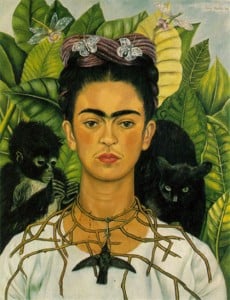 Painted self-portrait of a woman with a monkey, a black cat and a thorn necklace against green leaves