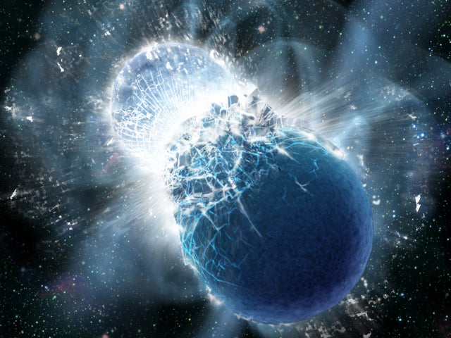 Illustration of two neutron stars colliding in a burst of light, the kind of cosmic event that forms gold