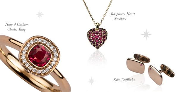 Rose gold Halo 4 cushion cluster ruby ring, Raspberry Heart pavé necklace and Soho cufflinks with rubies