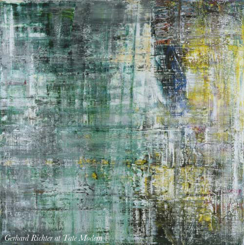Abstract painting in streaks of green, grey and yellow, captioned Gerhard Richter at Tate Modern