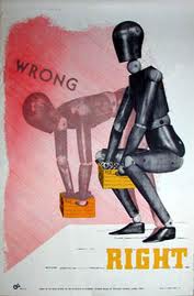 Vintage safety poster of a wooden mannequin lifting a box, showing the wrong and right way