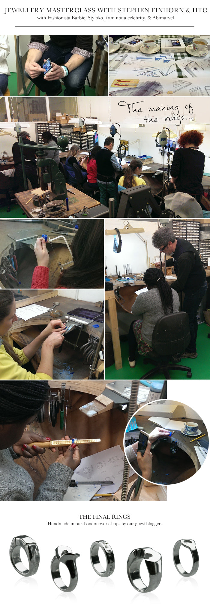 Bloggers making rings at the benches in our London workshop at the HTC masterclass, and the five finished silver rings
