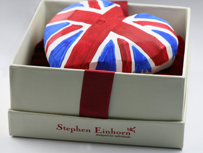 Hand-painted Union Jack heart box in a Stephen Einhorn gift box tied with red ribbon