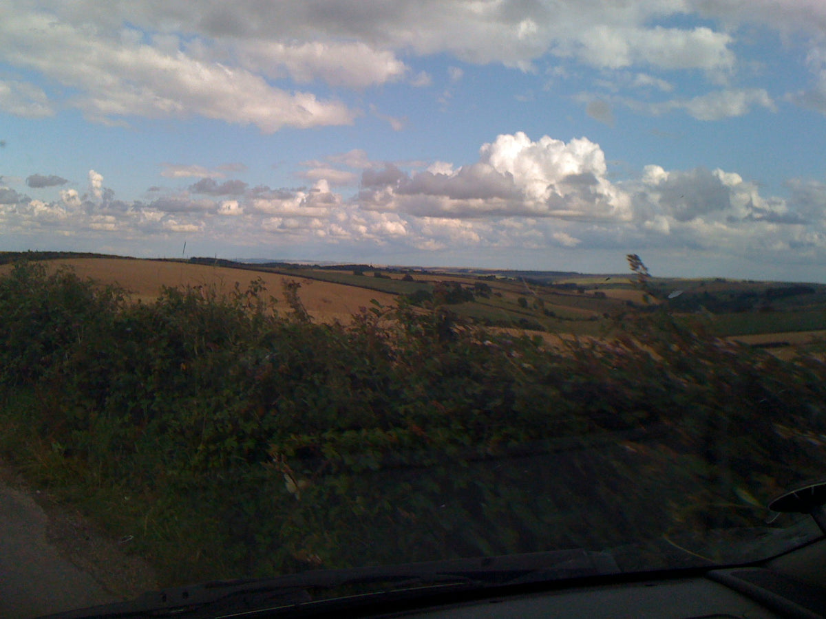 Clouds over rolling fields and hedgerows, seen from a car window on a summer evening