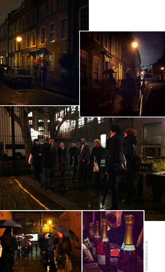 Our team on a rainy night-time Jack the Ripper walking tour of East London, followed by sparkling wine