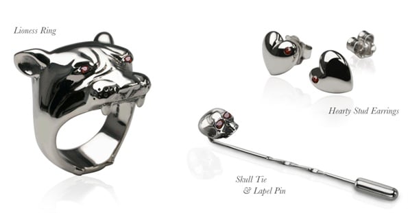Silver Lioness Ring, Hearty Stud Earrings and Skull Tie and Lapel Pin, each set with red garnets