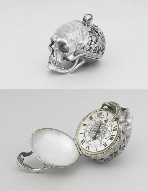 17th century silver skull watch by Jean Rousseau, shown closed and open to reveal its engraved dial