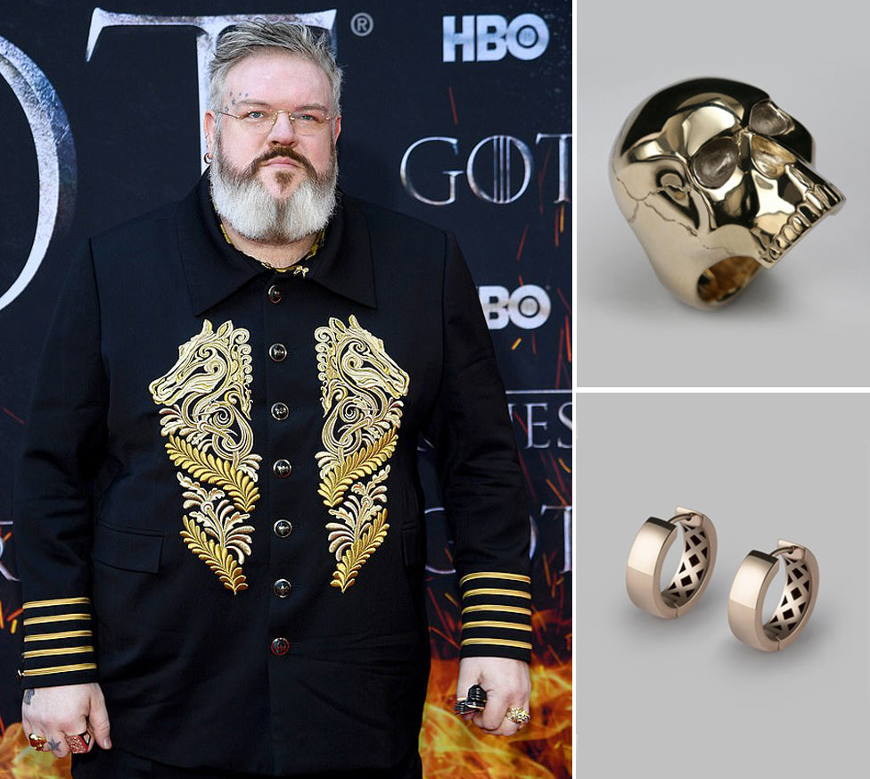 Game of Thrones star at the HBO premiere in black and gold, beside a gold skull ring and gold hoop earrings