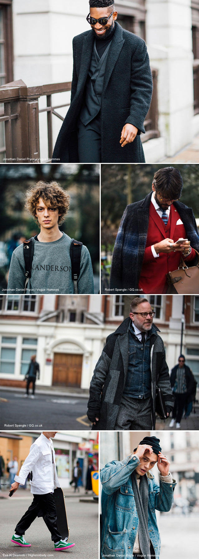 Collage of men's street style at London Collections Men: long coats, tailoring, denim jackets and knitwear