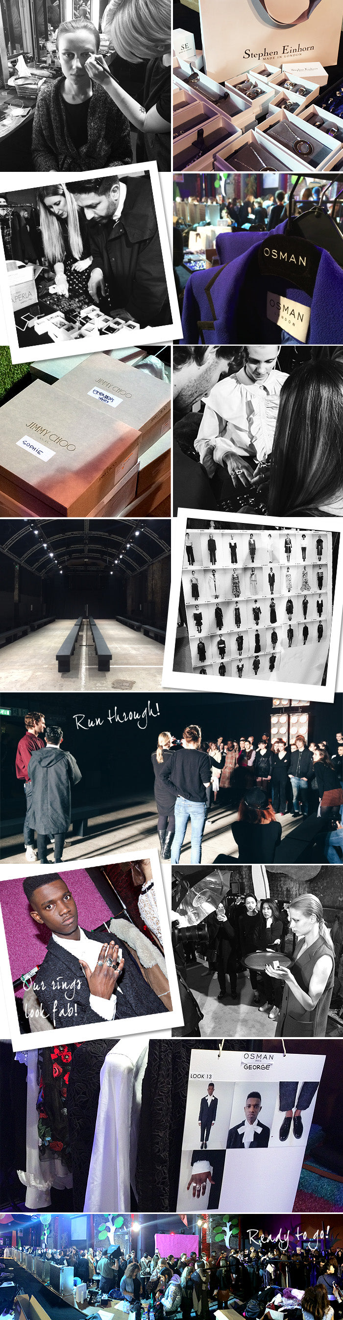 Collage from backstage at Osman's London Fashion Week show: our rings on models, jewellery boxes and runway