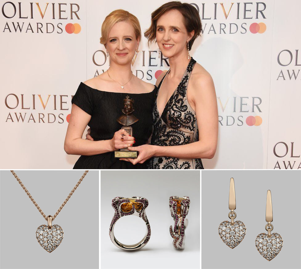 Laura Wade with a companion holding an Olivier Award, above a diamond heart pendant, a ring and heart earrings