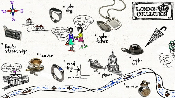 Hand-drawn London map of our London Collection: Soho ring and locket, teacup, bowler hat and pigeon