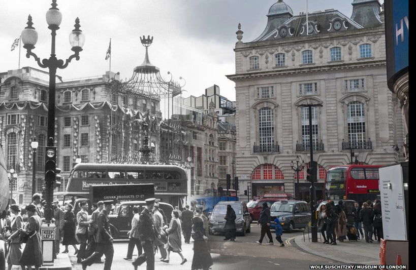 Piccadilly Circus, with a black and white wartime street scene blended into a modern colour photo