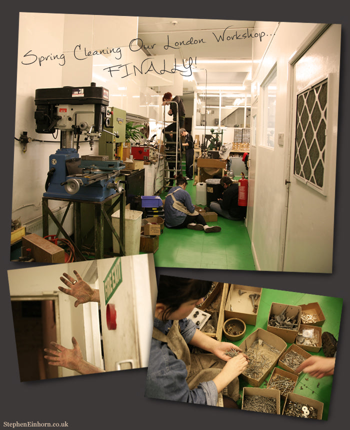 Stephen Einhorn's London workshop during a spring clean, with jewellers sorting tools and parts into boxes