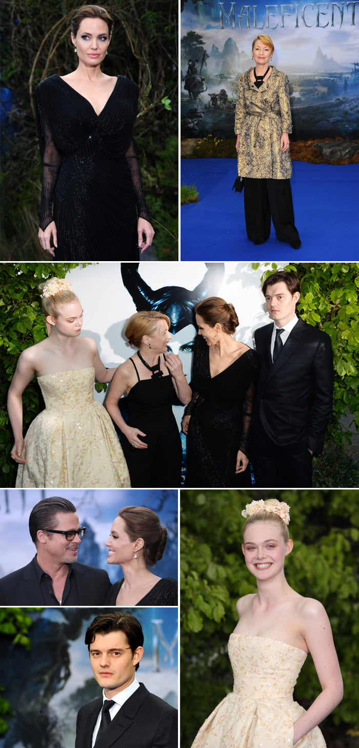 Angelina Jolie and the Maleficent cast in evening wear on the blue carpet at the London film premiere