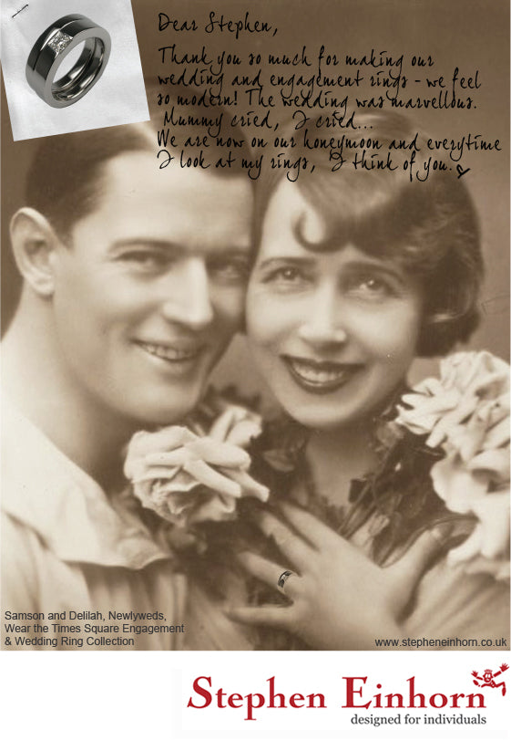 Sepia photo of a 1920s couple with roses, a customer's thank-you letter and the Times Square rings inset
