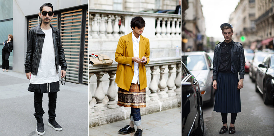 Three men photographed on city streets wearing skirts with jackets and boots