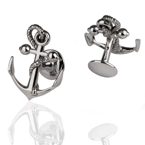 Pair of solid silver anchor cufflinks with twisted rope detail, shown front and back