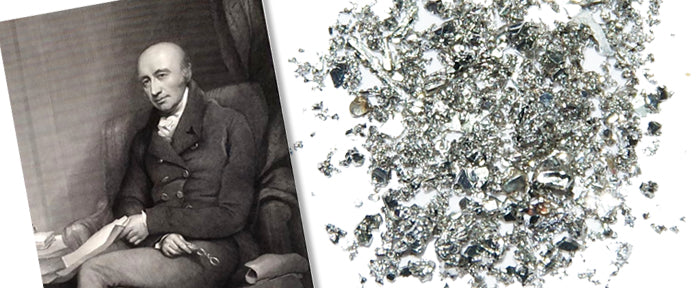 Engraved portrait of a seated Georgian gentleman beside a scatter of raw palladium metal fragments
