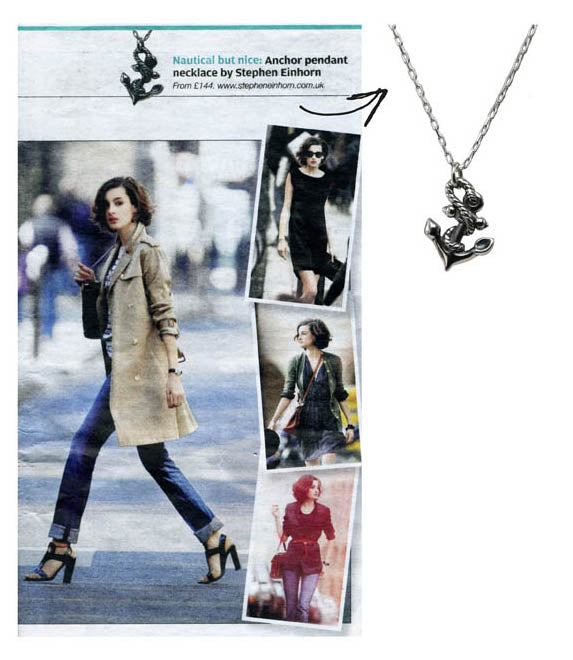 Metro newspaper street-style page featuring the Stephen Einhorn silver anchor pendant necklace on a chain