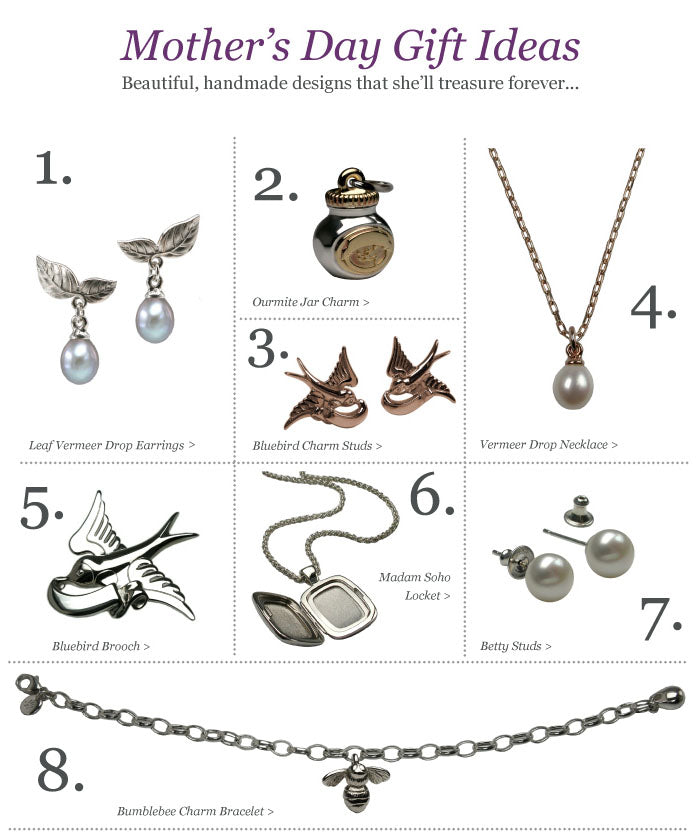Mother's Day gift guide of eight pieces, including pearl drop earrings, bluebird studs, a locket and a bee bracelet
