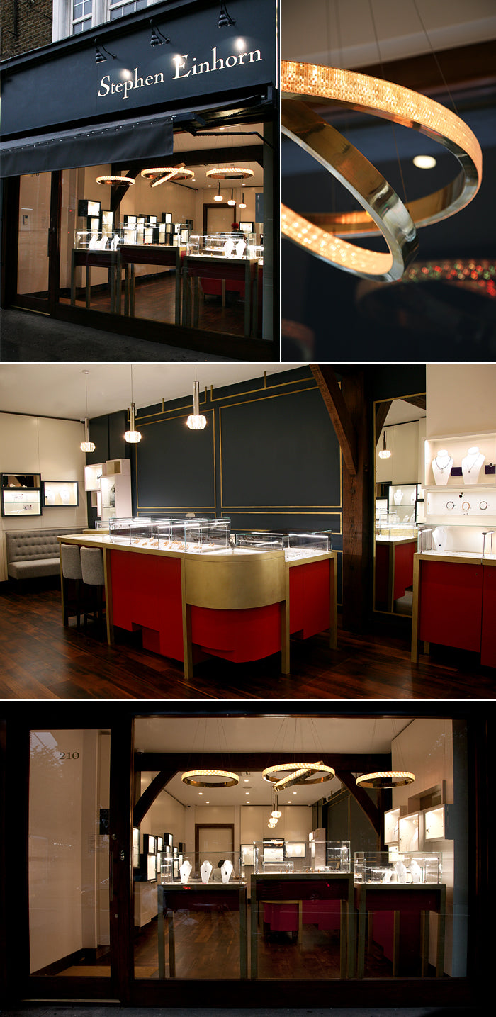Stephen Einhorn shop on Upper Street: the shop front, ring-shaped pendant lights and red and gold display counters
