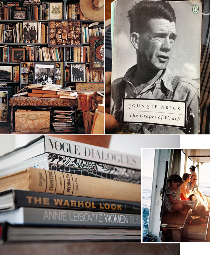 Collage of books for World Book Day: packed bookshelves, a Grapes of Wrath paperback and a stack of fashion books
