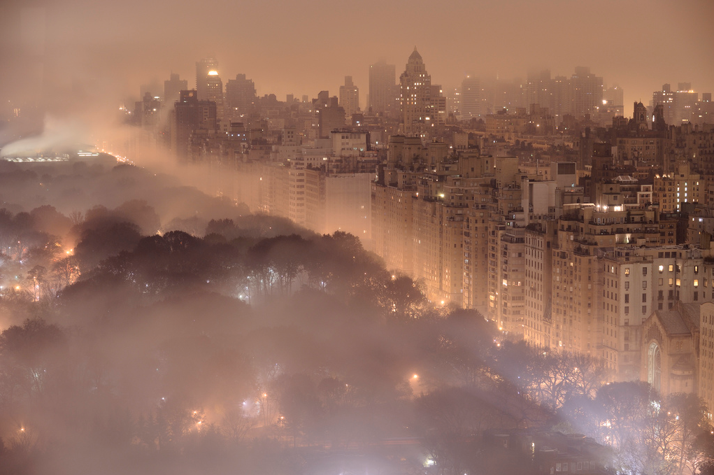 New York skyline at night seen over Central Park, with fog and glowing street lights among the trees