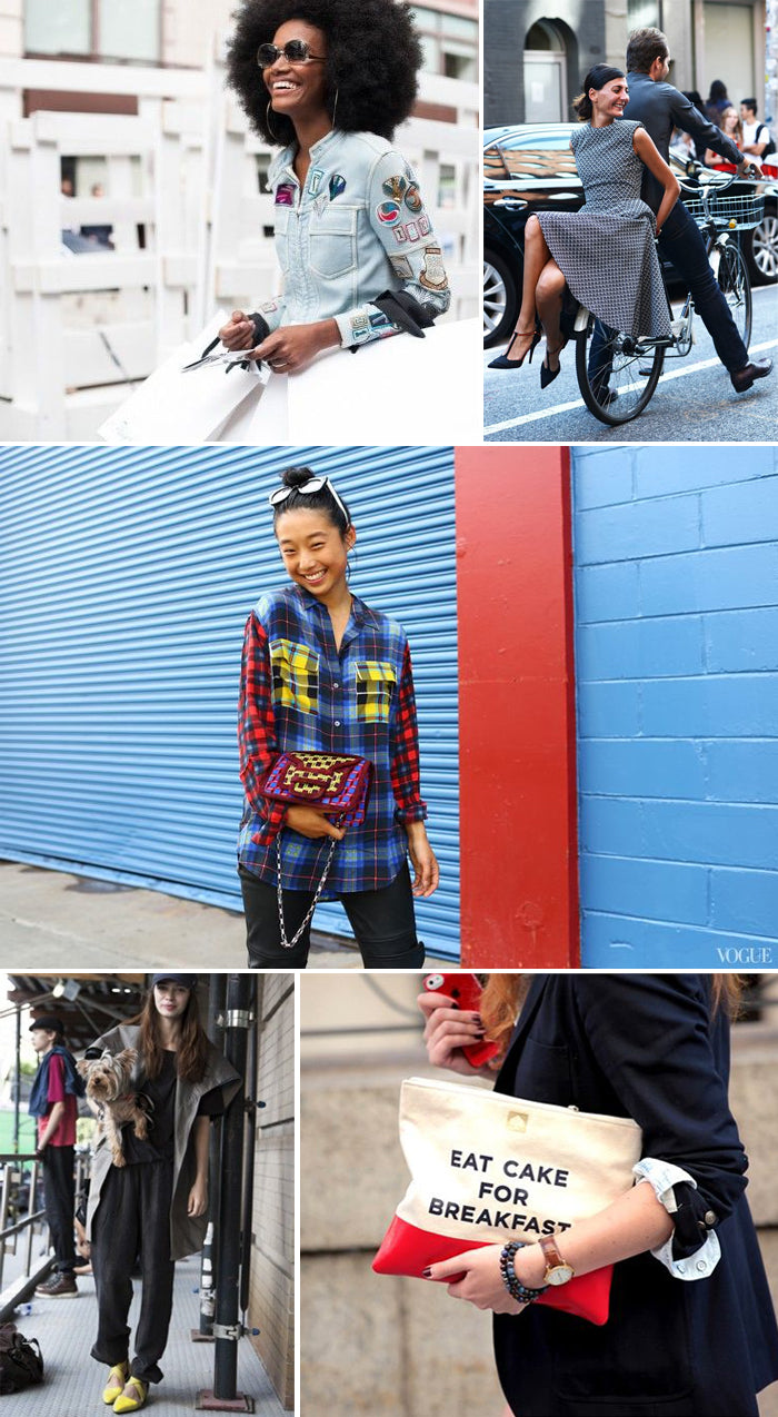 New York Fashion Week street style: a patched denim jacket, a plaid shirt and an Eat Cake For Breakfast clutch